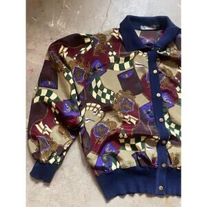 Vintage Novelty Print Top, French, Satin, Blue Brown Purple